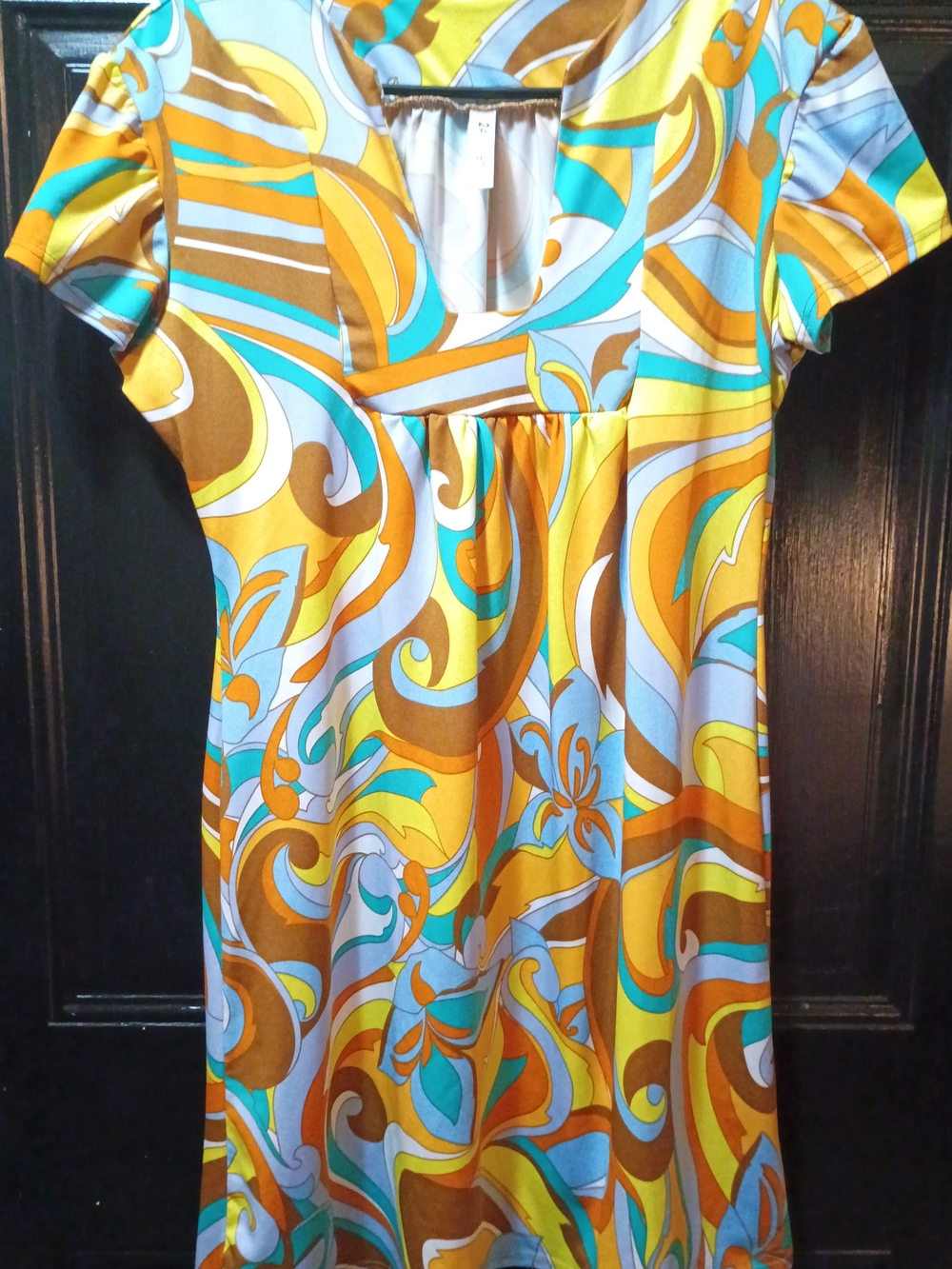 Vibrant Swirl-Print Short Sleeve Dress in Yellow, Turquoise & Brown